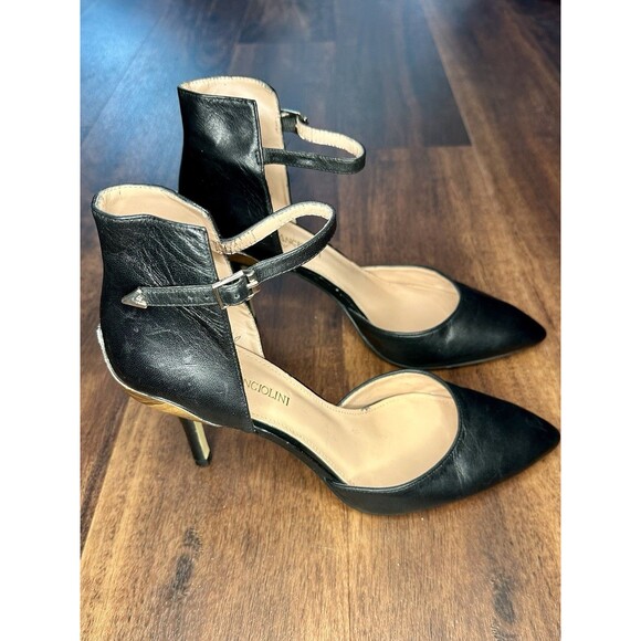 Enzo Angiolini Black and Gold Leather Ankle Strap Heels Size 8.5 EUC!!! - Picture 1 of 6